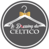 Logo Le Dressing du Celtico reprÃ©sente un cintre avec un nÅ“ud papillon dorÃ© dans un cercle et le r de dressing est remplacÃ© par un escarpin rose