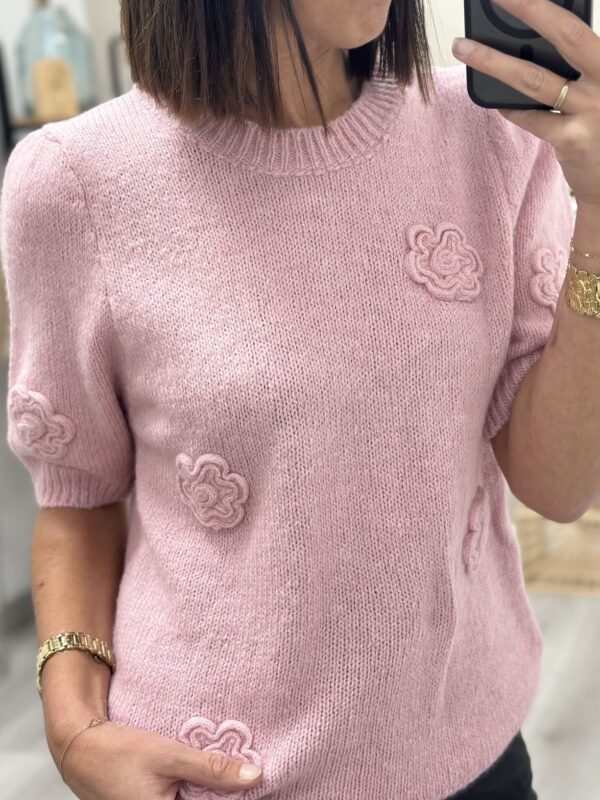 Pull petites manches rose avec des roses sur le devant, pantalons enduit noir