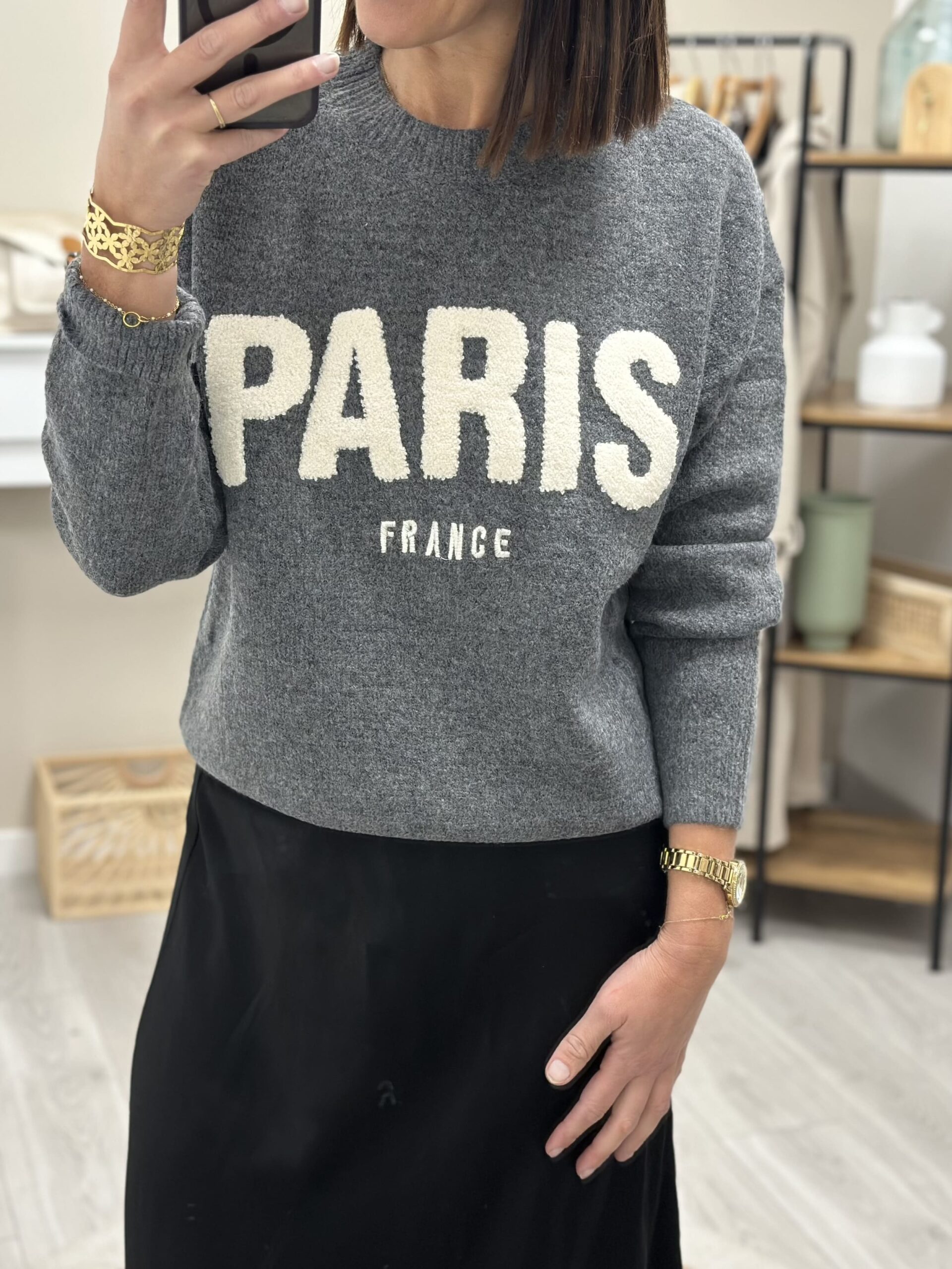 Pull gris écriture paris en laine bouillie