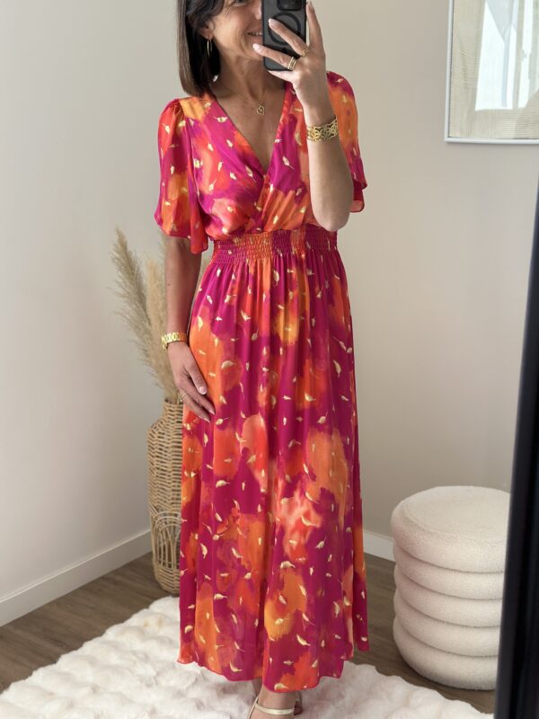 Robe longue fluide , doublée , manches courtes fluides