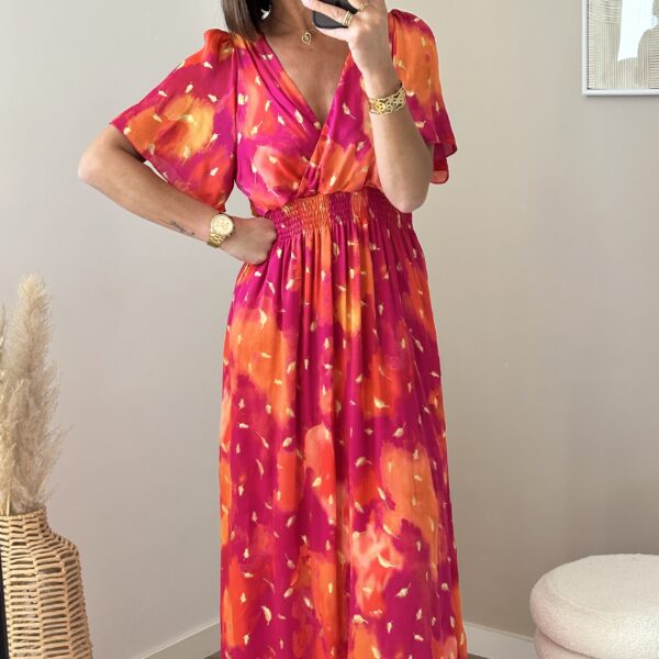 Robe longue fluide , doublée, manches courtes