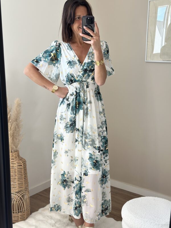 Robe longue fluide, vert et blanc, doublée, manches courtes fluides, taillé élastique