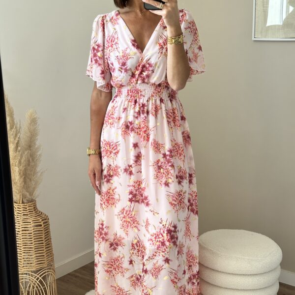 Robe longue fluide , imprimé rose, petites manches fluides